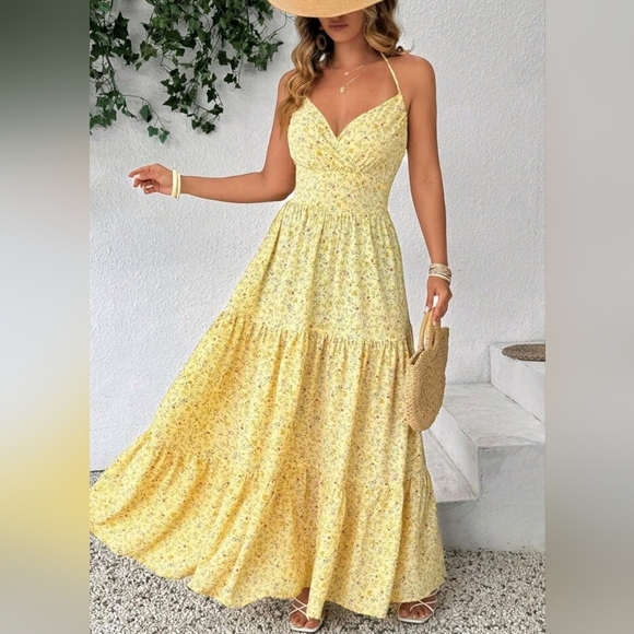 New Boho Floral Wrap Halter Tie Maxi Tiered Dress PLUS Yellow Multi Floral - Picture 2 of 7